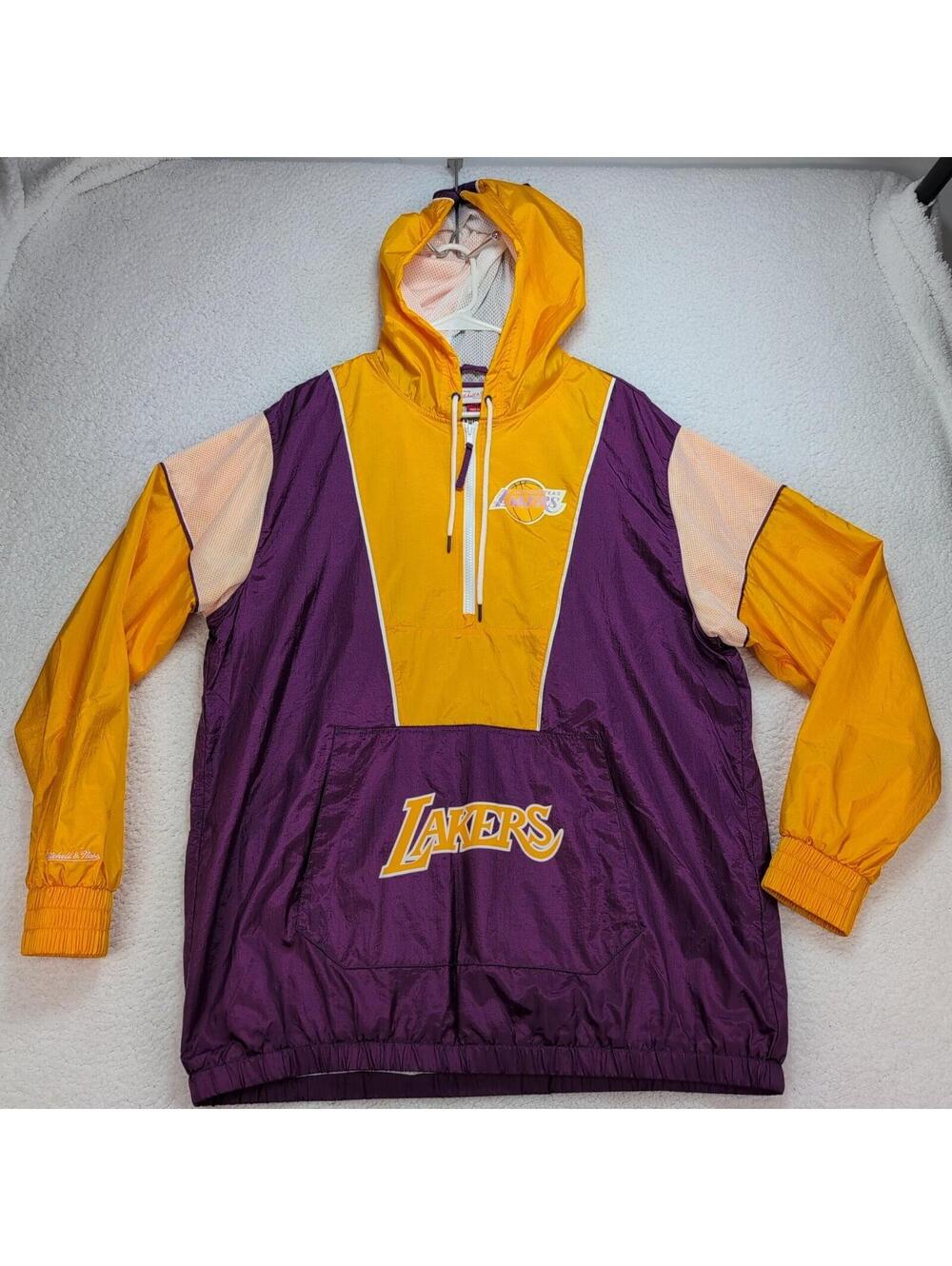 Mitchell & Ness Lakers Jacket Men's XL Hooded Windbreaker Pullover Purple Gold